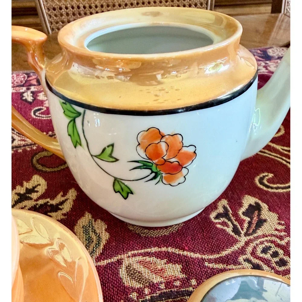 Japanese Lusterware Teapot Cup Saucer Set, Hand Painted Floral Made in Japan